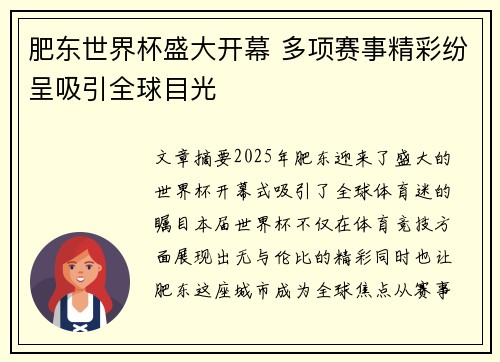 肥东世界杯盛大开幕 多项赛事精彩纷呈吸引全球目光